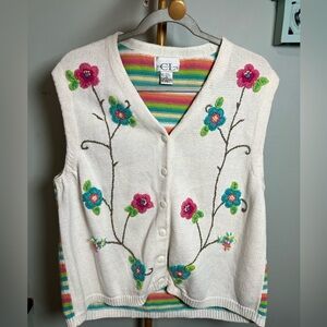 Cricket Lane Sleeveless Cream and Pink Embroidered Cardigan